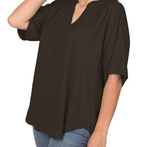 Zenana PLUS WOVEN SPLIT NECK SHORT SLEEVE TOP - Black - NIP
